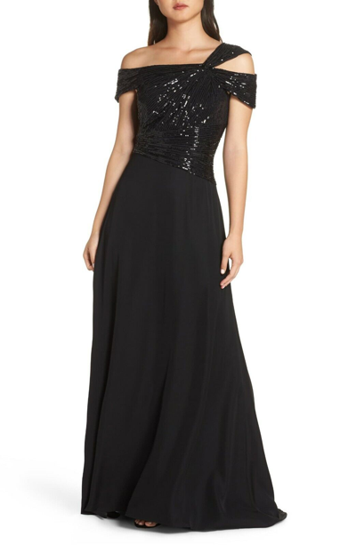 Pre-owned Tadashi Shoji ?  Black Sequin One Cold Shoulder Vesta Sequin Crepe Gown 10 Us L