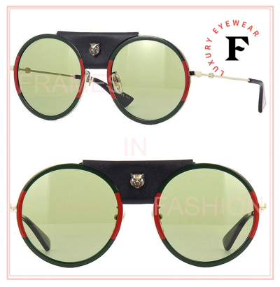 Pre-owned Gucci 0061 Gold Green Stripe Leather Tiger Stud Sunglasses Gg0061s Unisex 017