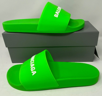 Pre-owned Balenciaga $325 Mens  Logo Pool Slides Sandals Slippers Fluorescent Fluo Green 45