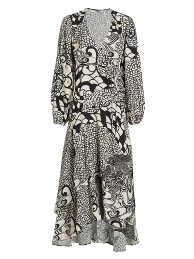 Alexis Zarela Blouson-sleeve Maxi Wrap Dress In Black Cream Prin