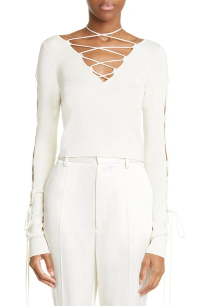 Lapointe Shiny Viscose Longsleeve Lace Up Top In Cream
