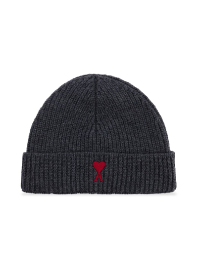 Ami Alexandre Mattiussi Men's Adc Logo Wool Beanie In Heather Grey Red