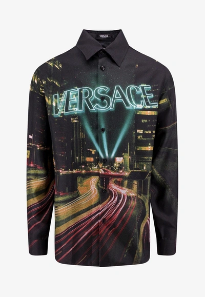 Versace City Lights Print Long-sleeved Shirt In Black