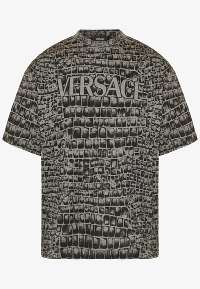 Versace Coccodrillo-print Cotton T-shirt In Gray