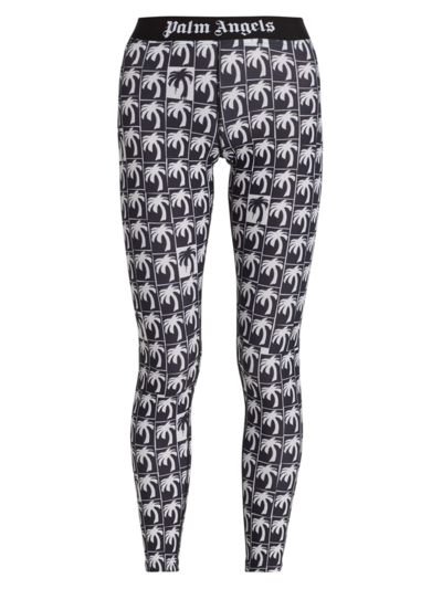 Palm Angels Allover Palm Printed Leggings In Black White