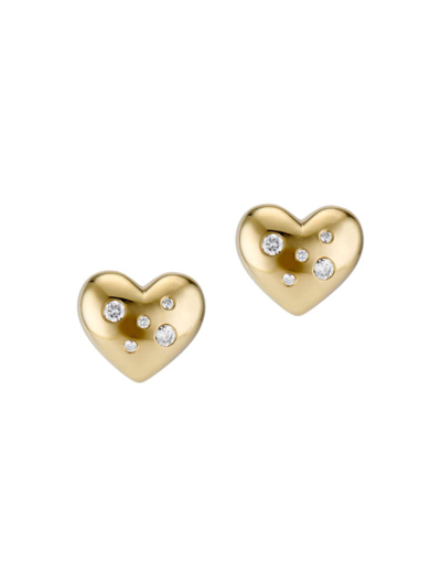Katey Walker 18k Yellow Gold Large Puffy Scattered Diamond Heart Earrings