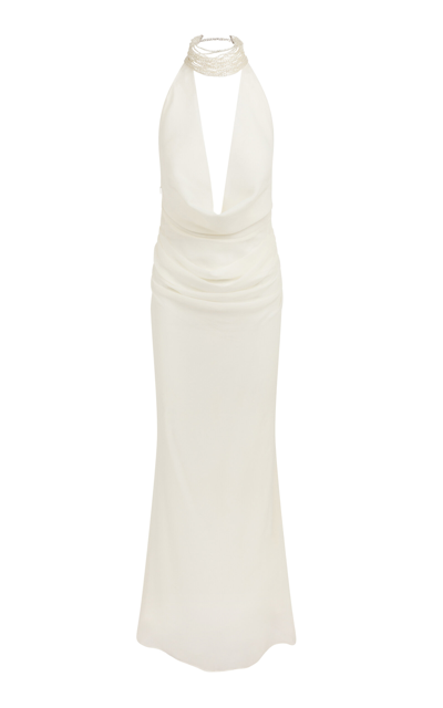 De La Vali Profiterole Draped Silk Maxi Dress In Ivory