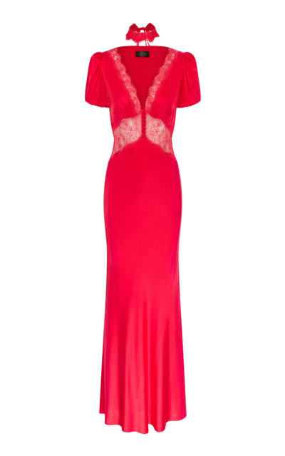 De La Vali Pavlova Lace-trimmed Silk-blend Maxi Dress In Red