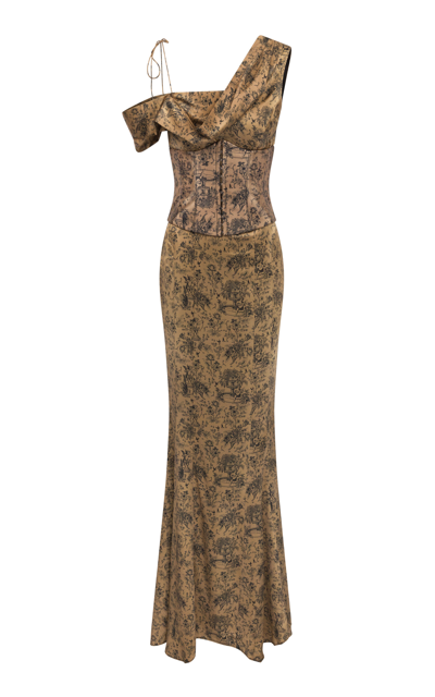 De La Vali Brulee Draped Silk Corset Maxi Dress In Print