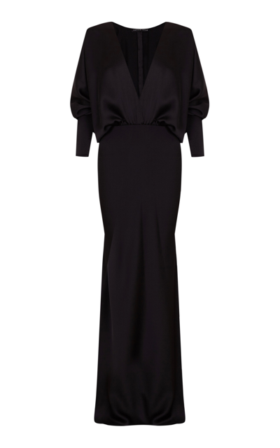 Sophie Et Voila Draped Satin Maxi Dress In Black