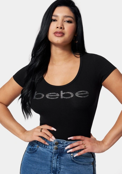 Bebe Logo Short Sleeve Round Neck Rib Top In Black