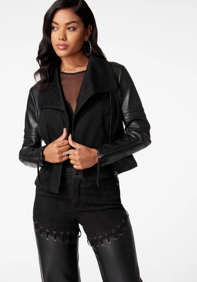 Bebe Denim Combo Vegan Leather Motto Blazer In Washed Out Black