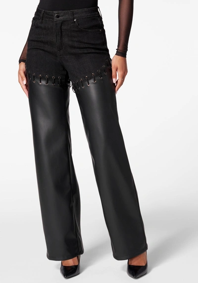 Bebe High Waist Denim Combo Vegan Leather Wide Leg Pant In Washed Out Black