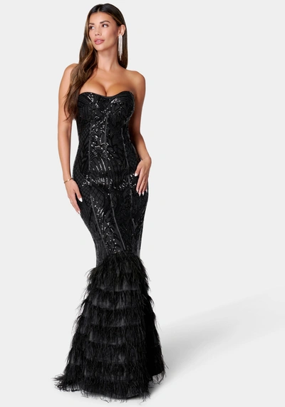 Bebe Sequin Feather Gown In Black,nude