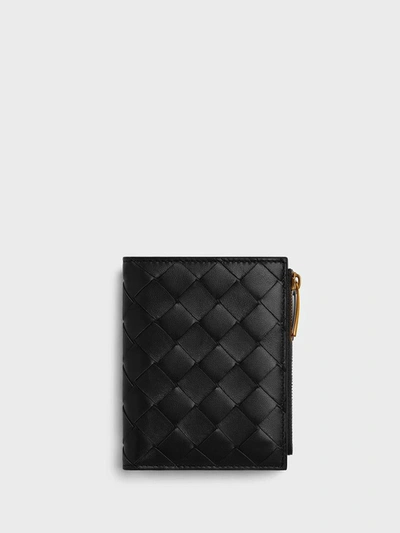 Bottega Veneta Woven Bi-fold Small Zippered Wallet Accessories In Black