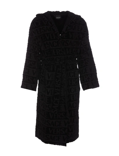 Versace Monogram Belted Bathrobe In Black