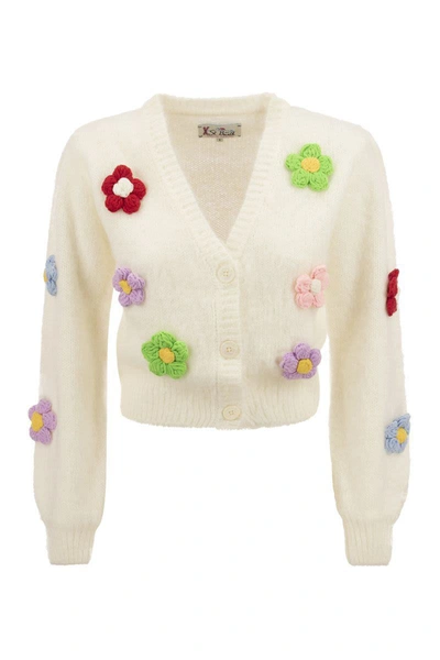 Mc2 Saint Barth Brushed Knit Crop Cardigan With Flowers In White