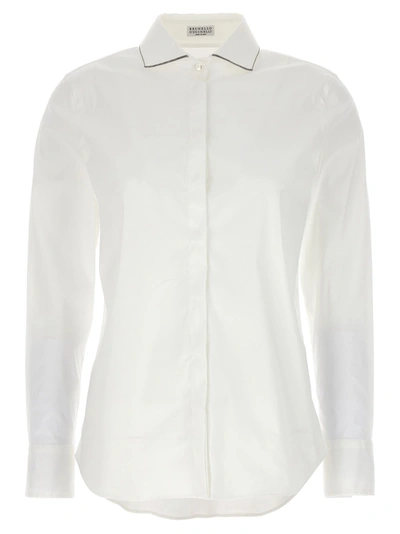 Brunello Cucinelli Stretch Cotton Poplin Shirt With Shiny Tab In White