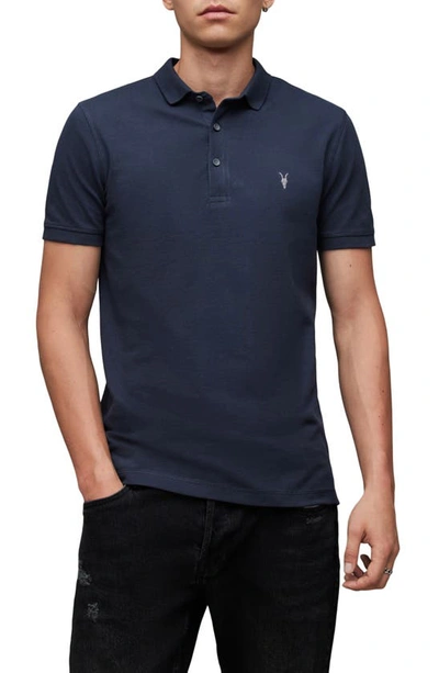 Allsaints Mode Merino Short Sleeve Polo Shirt In Navy Blue