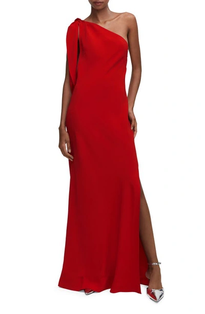 Mango One Shoulder Satin Side Slit Maxi Dress In Red