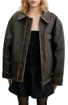 Mango Oversize Distressed Leather Jacket In Brown