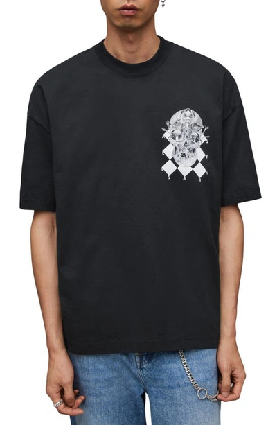 Allsaints Grid Skull Printed Oversized T-shirt In Jet Black