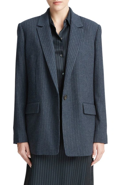 Vince Pinstripe Wool-blend Flannel Blazer In Dark Obsidian/ Silver