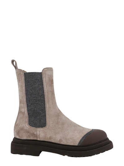 Brunello Cucinelli Embellished Suede Ankle Boots In Beige
