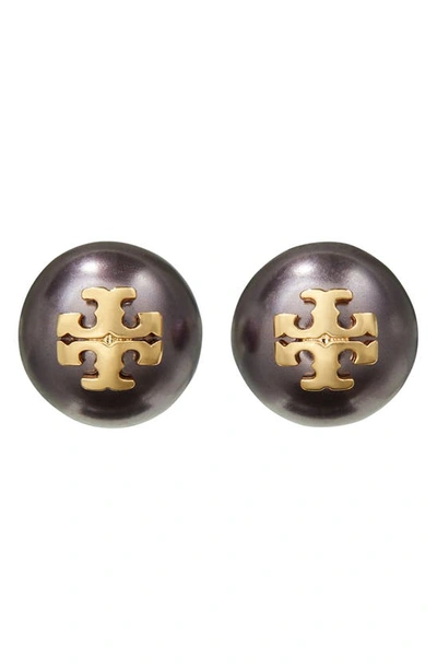 Tory Burch Logo-plaque Pearl Stud Earrings In Gold