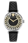 Versace Greca Chic Leather Strap Watch, 35mm In Black/ Stainless Steel
