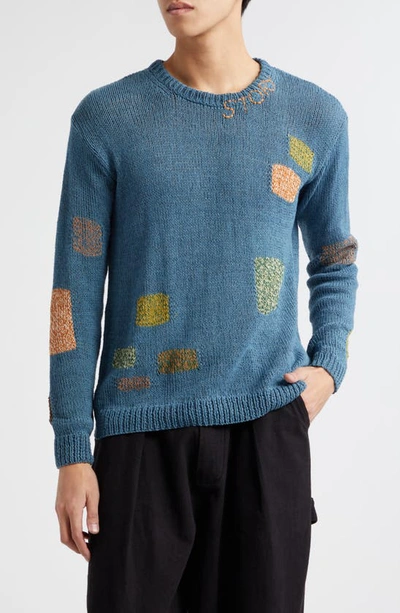 Story Mfg. Spinning Embroidered Patchwork Organic Cotton Crewneck Jumper In Blue Darn-knit