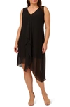 Adrianna Papell Asymmetric Mixed Media Chiffon & Jersey Dress In Black