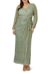 ADRIANNA PAPELL METALLIC LONG SLEEVE MESH EVENING GOWN