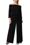 Adrianna Papell Plus Size Velvet Ruffled Off-the-shoulder Jumpsuit In Black