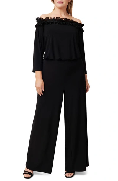 Adrianna Papell Plus Size Velvet Ruffled Off-the-shoulder Jumpsuit In Black