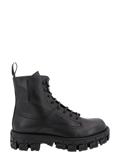 Versace Leather Combat Boots In Black