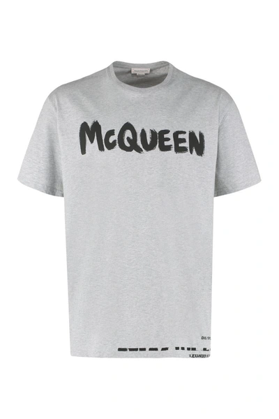 Alexander Mcqueen Printed Cotton T-shirt In Grey