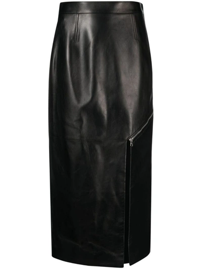 Alexander Mcqueen Belted Zipped Side Slit Leather Midi Skirt In Black