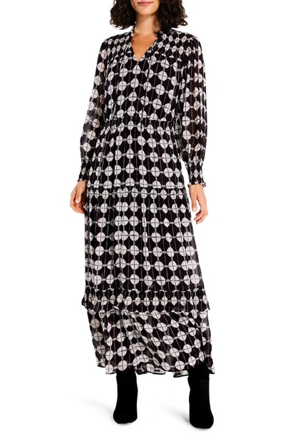 Nic + Zoe Dot Ruffle Smocked Long Sleeve Chiffon Maxi Dress In Black