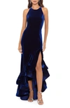 Betsy & Adam Tiered Ruffle High-low Velvet Gown In Navy