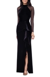 BETSY & ADAM LONG SLEEVE MIXED MEDIA SHEATH GOWN