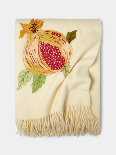 Loretta Caponi Pomegranate Embroidered Wool Blanket In Yellow