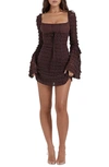 House Of Cb Marisa Ruffle Long Sleeve Tiered Minidress In Rich Brown