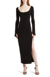 NORMA KAMALI BELTED LONG SLEEVE ASYMMETRIC GOWN