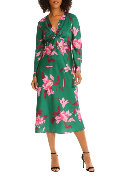 Maggy London Women's Floral-print Twist-front Midi Dress In Emerald Green,pink Blossom