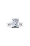 HAUTECARAT 18K WHITE GOLD EMERALD CUT LAB CREATED DIAMOND PAVÉ ENGAGEMENT RING