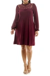 Nina Leonard Lace Yoke Long Sleeve Trapeze Dress In Deep Wine