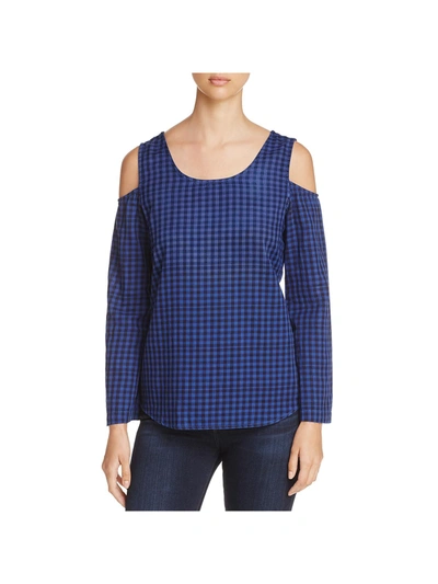 Side Stitch Womens Cold Shoulder Plaid Pullover Top In Blue