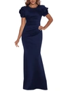 Xscape Petite 3d-flower Short-sleeve Side-pleated Gown In Blue