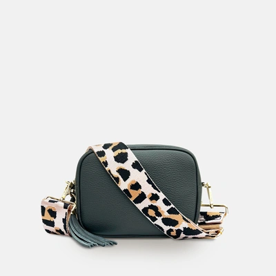 Apatchy London Dark Grey Leather Crossbody Bag With Pale Pink Leopard Strap In Black